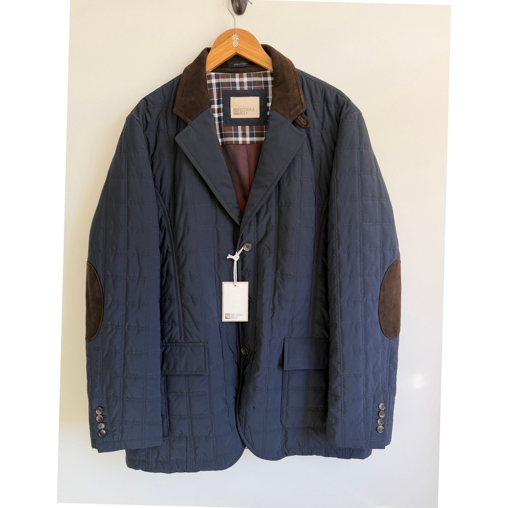 Riviera Red Men's 44L Navy Quilted Blazer Coat Jacket Suede Collar Elbow Patch